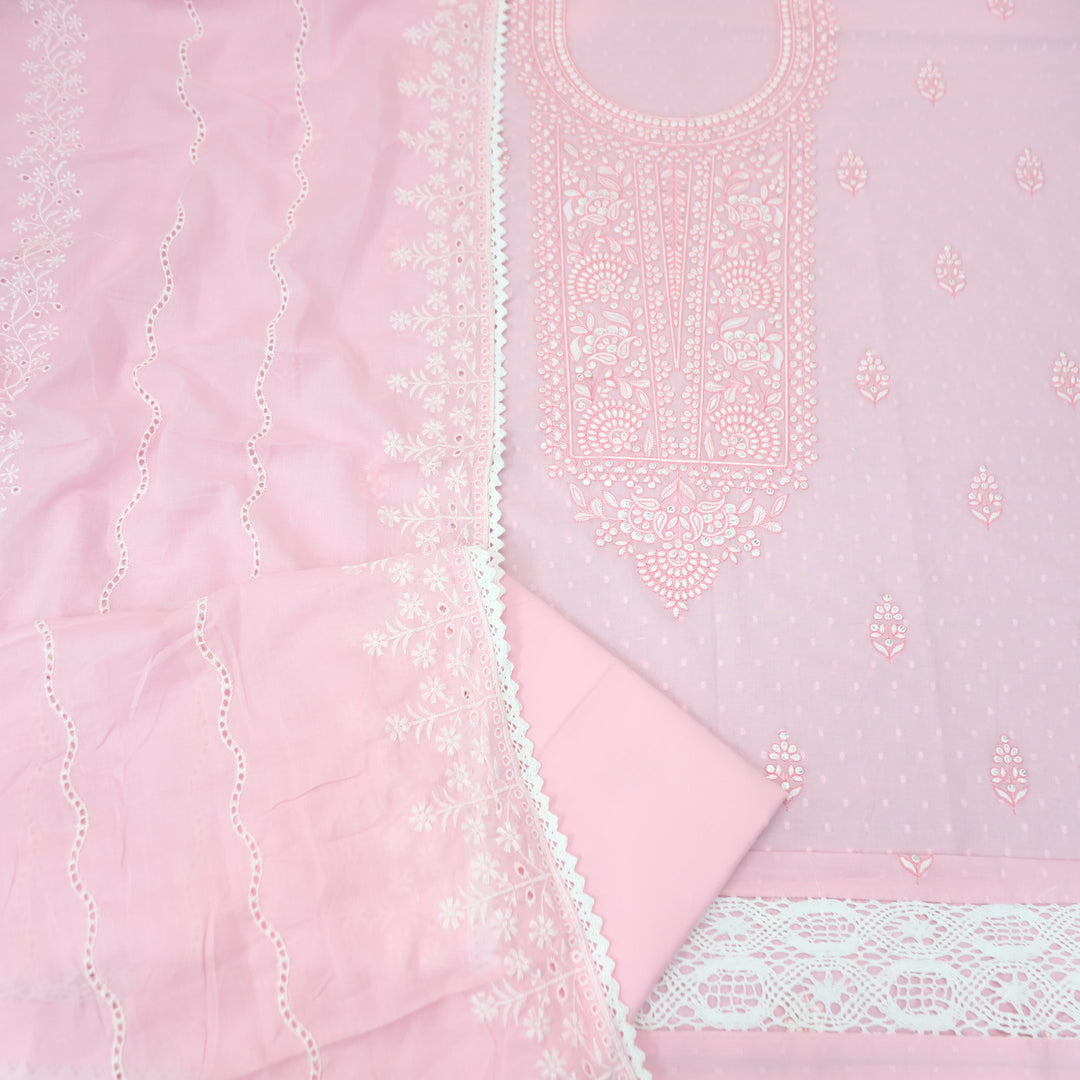 Ishqiya Candy Pink Chikankari Inspired Neck Thread Work Dobby Cotton Suit Set