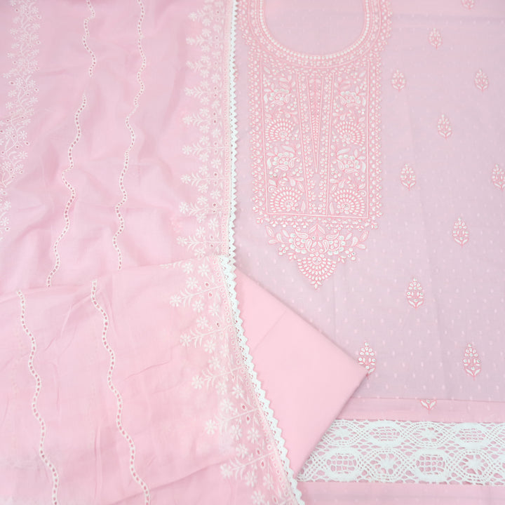 Ishqiya Candy Pink Chikankari Inspired Neck Thread Work Dobby Cotton Suit Set