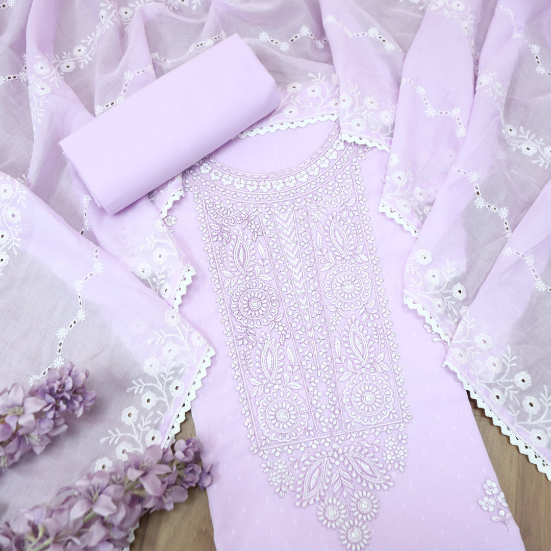 Ishqiya Tulip Lilac Chikankari Inspired Neck Thread Work Dobby Cotton Suit Set