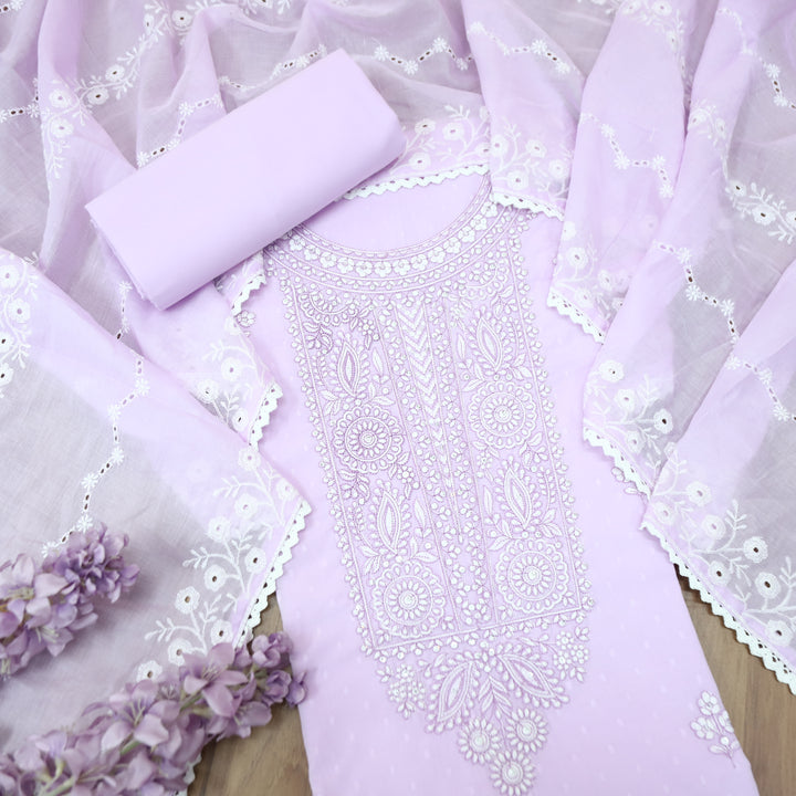 Ishqiya Tulip Lilac Chikankari Inspired Neck Thread Work Dobby Cotton Suit Set