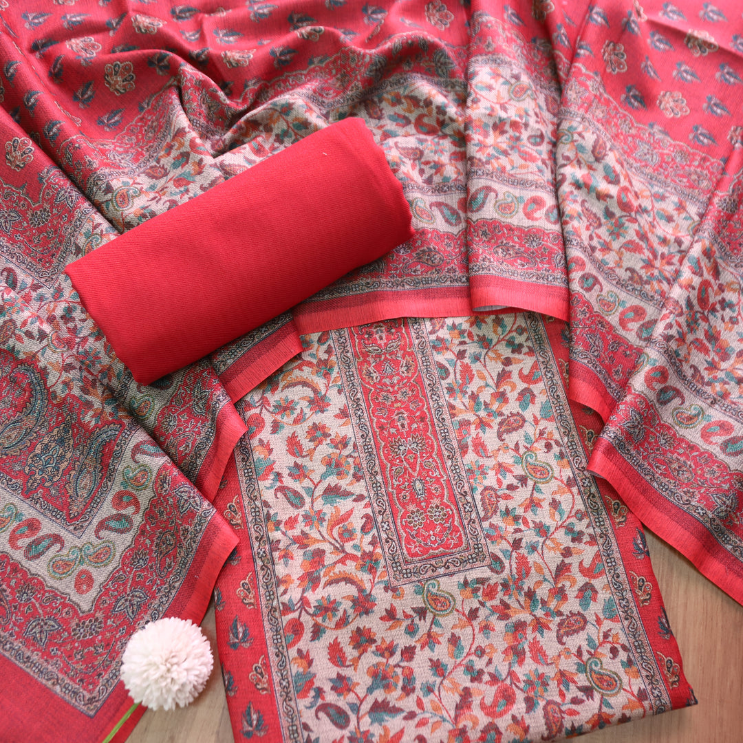 रुद्रा Cherry Red All Over Digital Kanni Printed Semi Pashmina Winter Set