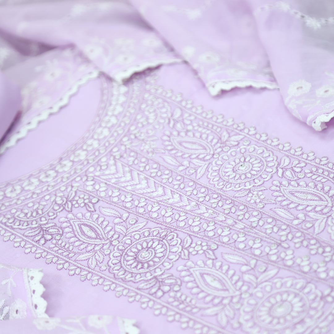 Ishqiya Tulip Lilac Chikankari Inspired Neck Thread Work Dobby Cotton Suit Set