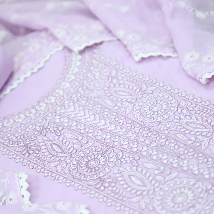Ishqiya Tulip Lilac Chikankari Inspired Neck Thread Work Dobby Cotton Suit Set