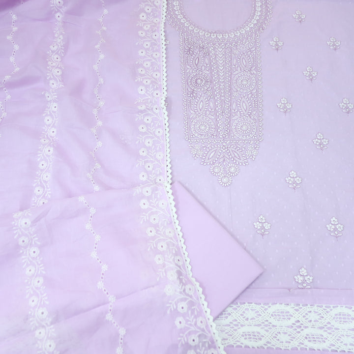 Ishqiya Tulip Lilac Chikankari Inspired Neck Thread Work Dobby Cotton Suit Set