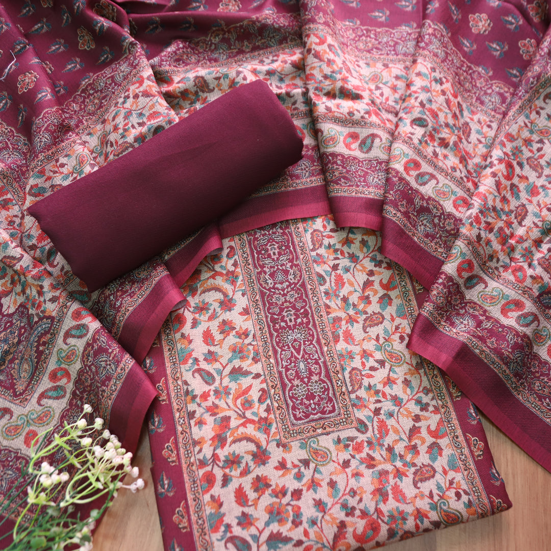 रुद्रा  Burgundy Wine All Over Digital Kanni Printed Semi Pashmina Winter Set