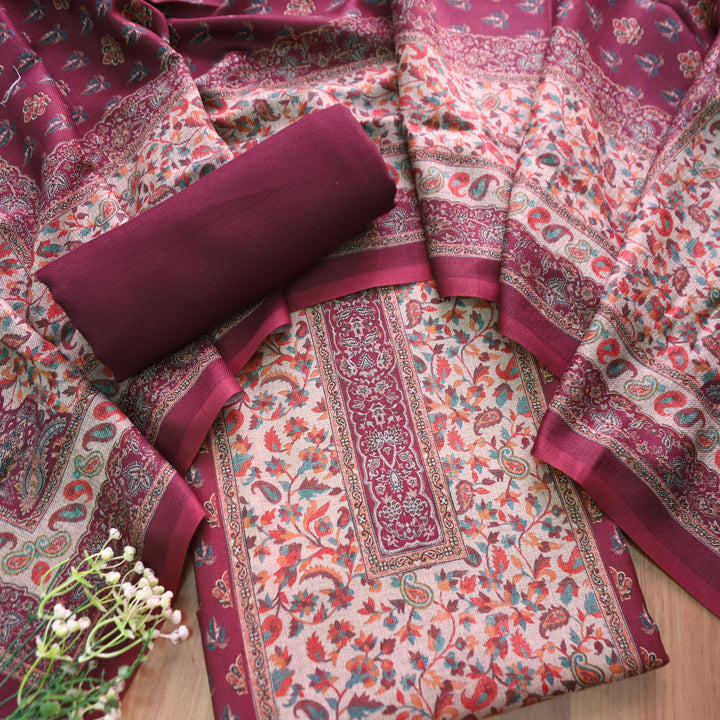 रुद्रा  Burgundy Wine All Over Digital Kanni Printed Semi Pashmina Winter Set