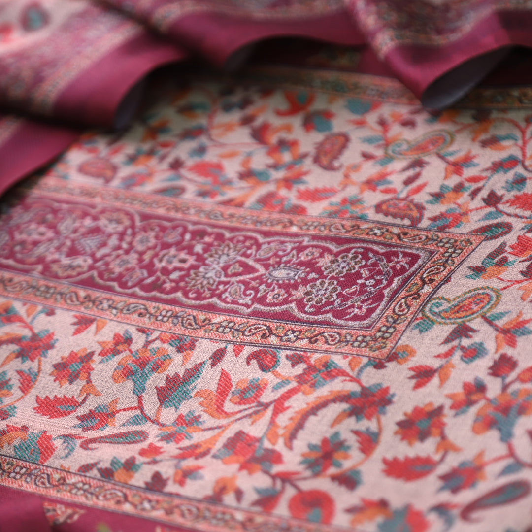 रुद्रा  Burgundy Wine All Over Digital Kanni Printed Semi Pashmina Winter Set