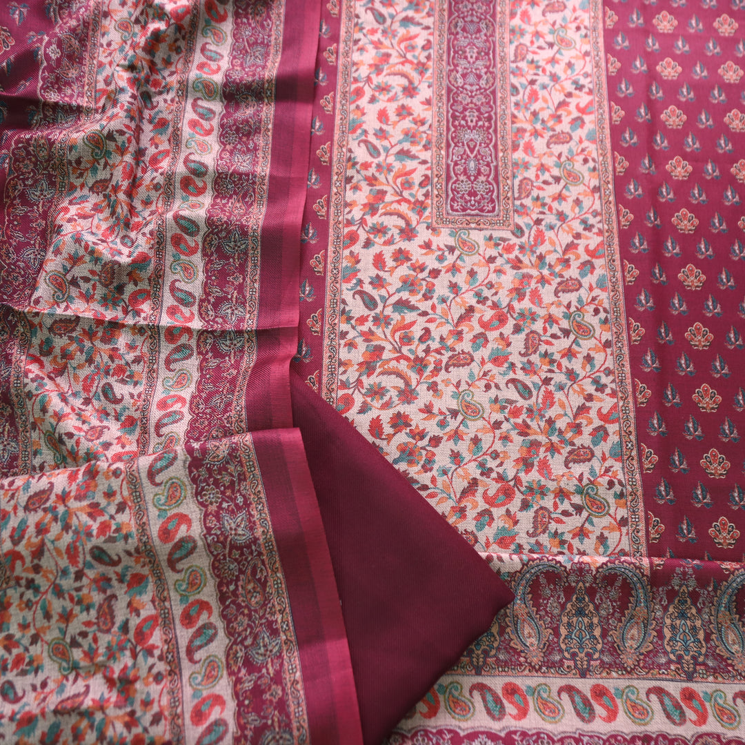 रुद्रा  Burgundy Wine All Over Digital Kanni Printed Semi Pashmina Winter Set