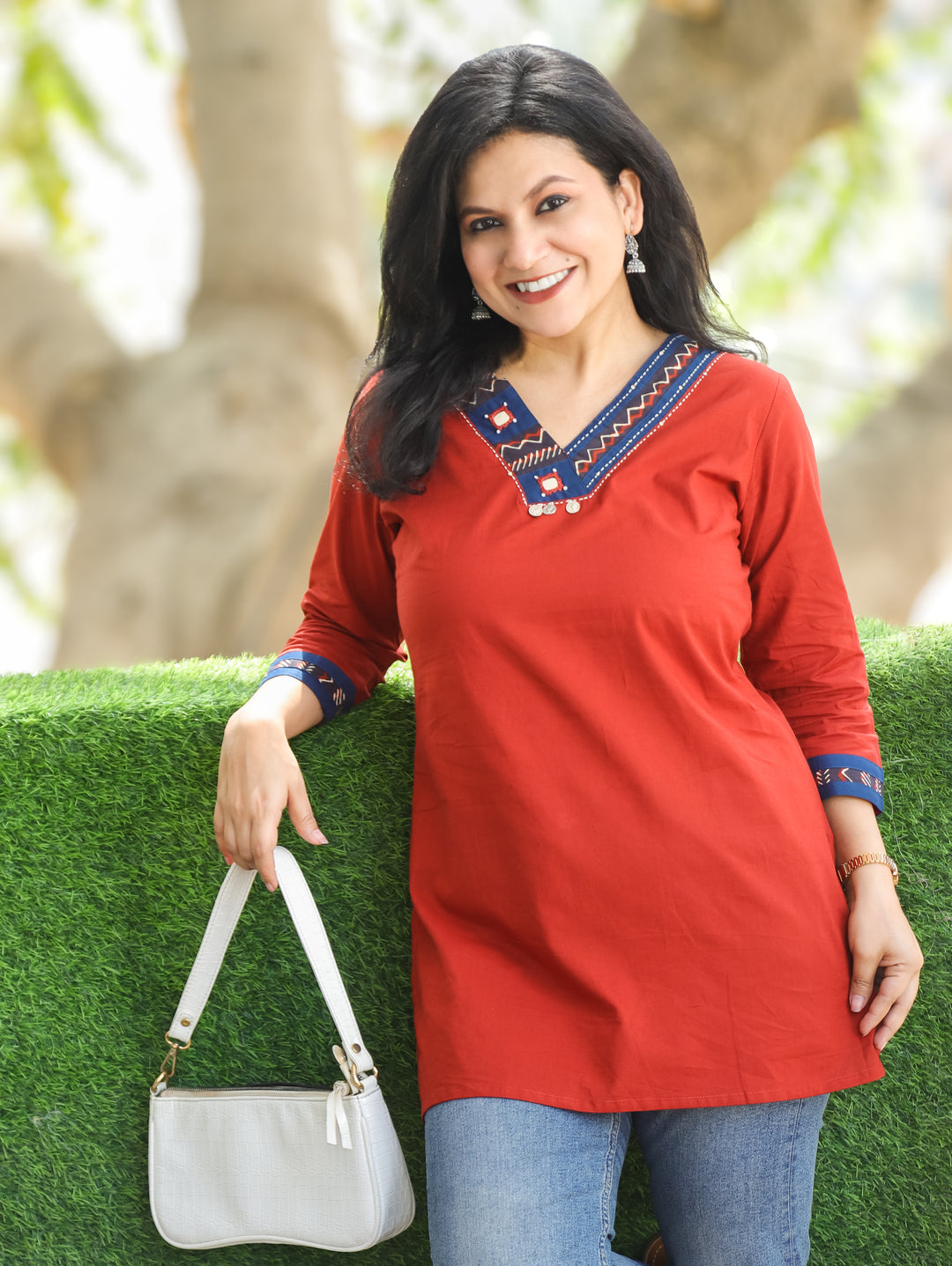 Shally Burnt Rust V Neck Hand Work WIth Lace Patch Short Cotton Kurti