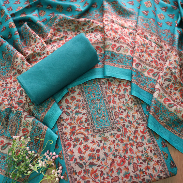 रुद्रा Aqua Turquoise All Over Digital Kanni Printed Semi Pashmina Winter Set