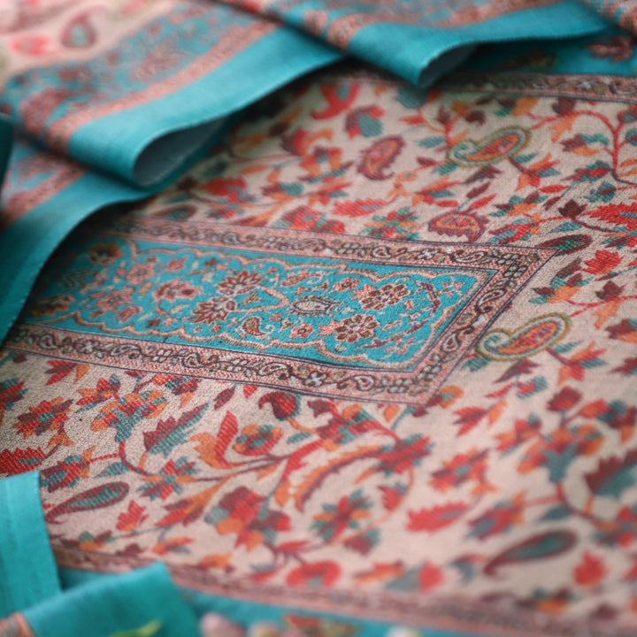 रुद्रा Aqua Turquoise All Over Digital Kanni Printed Semi Pashmina Winter Set