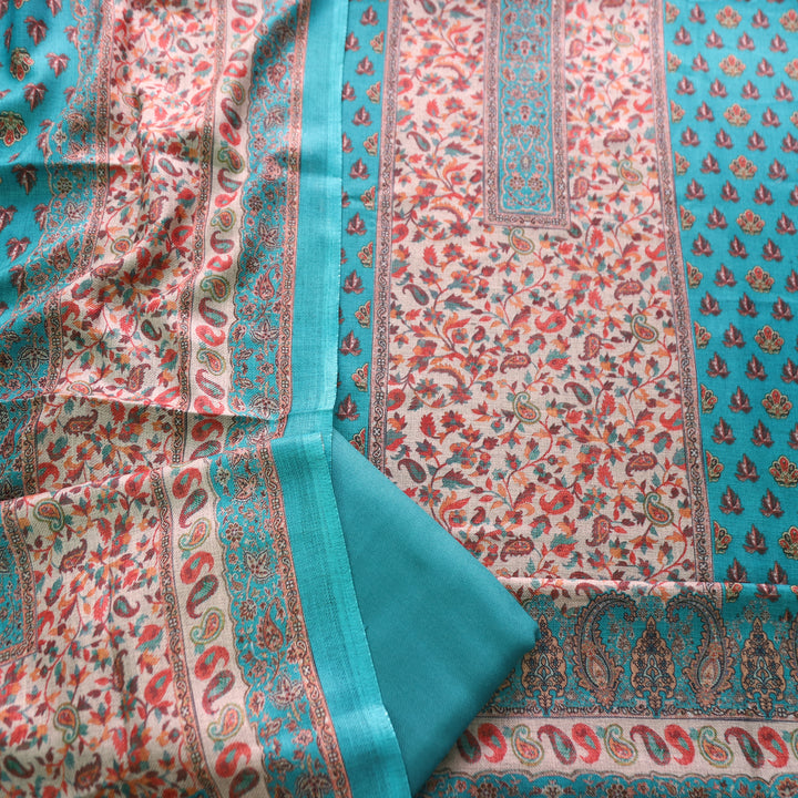 रुद्रा Aqua Turquoise All Over Digital Kanni Printed Semi Pashmina Winter Set