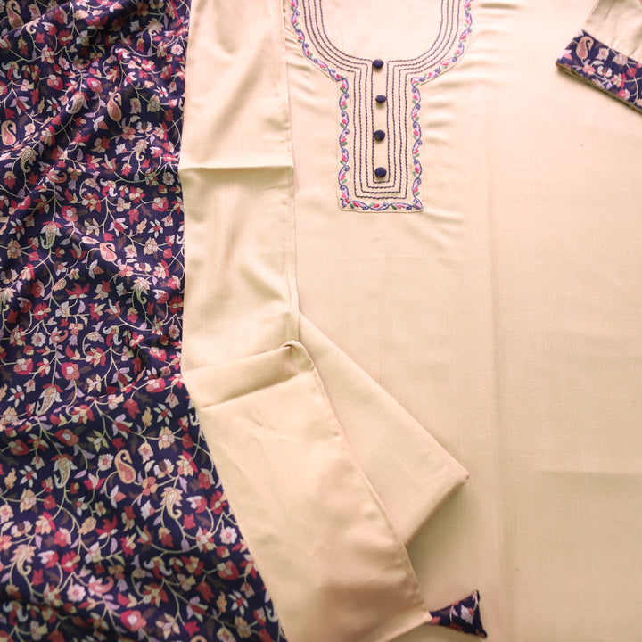 श्रीनारी Cream Beige  Unique Thread and Button style Semi Pashmina Set