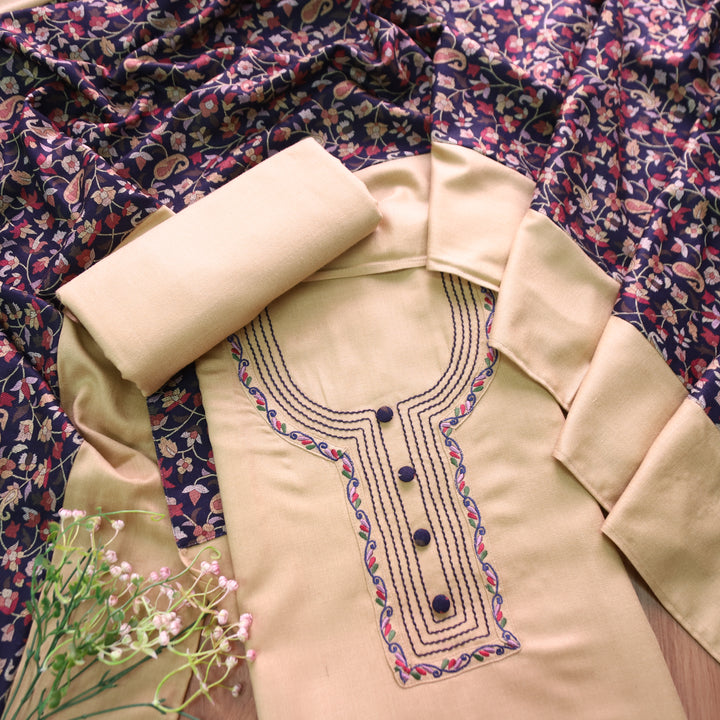 श्रीनारी Cream Beige  Unique Thread and Button style Semi Pashmina Set