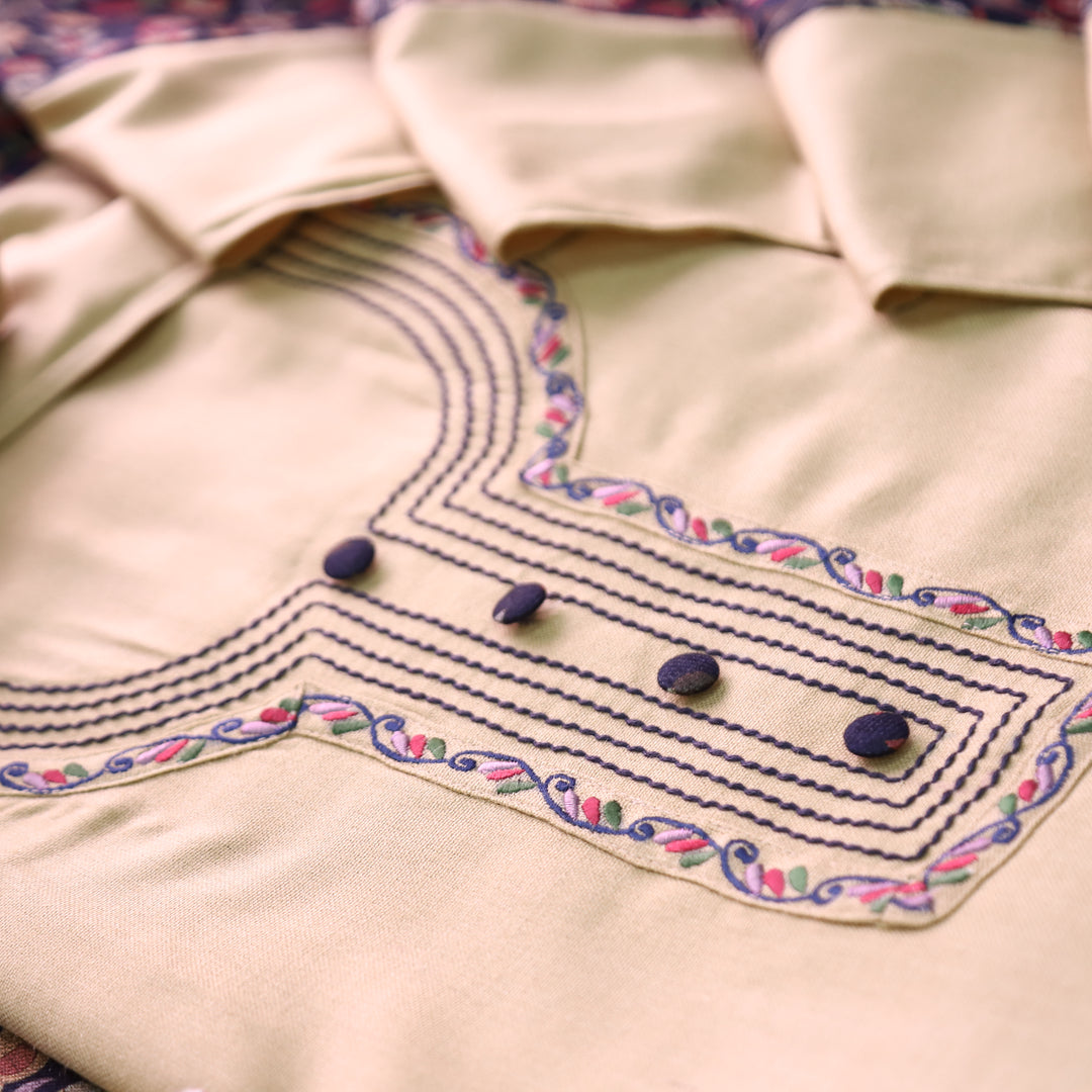 श्रीनारी Cream Beige  Unique Thread and Button style Semi Pashmina Set