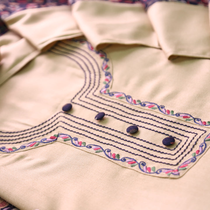 श्रीनारी Cream Beige  Unique Thread and Button style Semi Pashmina Set