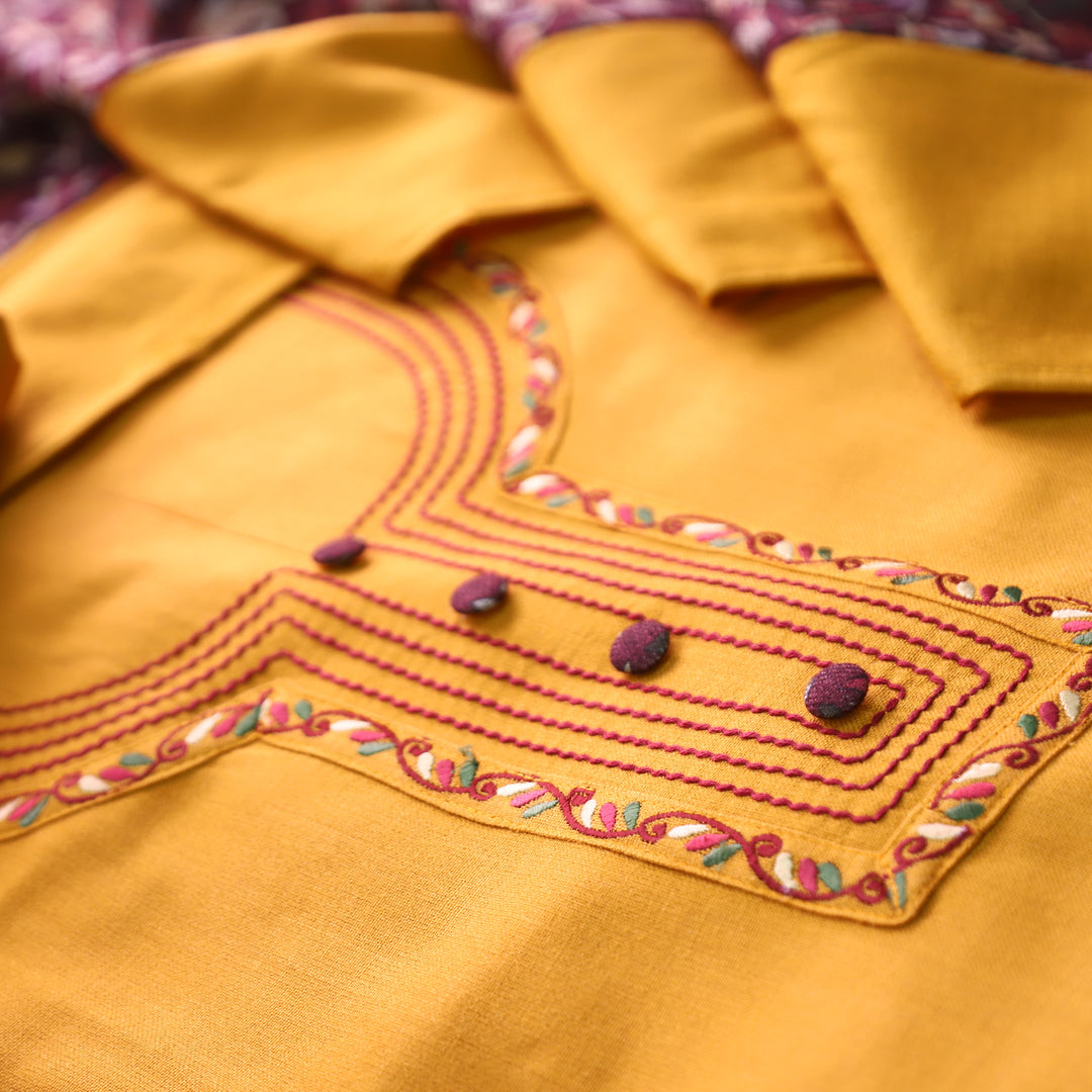 श्रीनारी Dijon Yellow Unique Thread and Button style Semi Pashmina Set