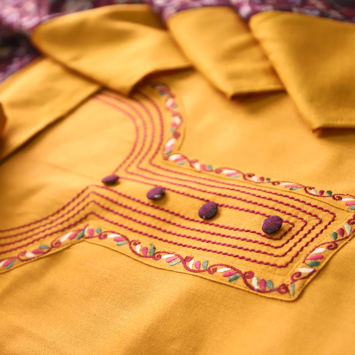 श्रीनारी Dijon Yellow Unique Thread and Button style Semi Pashmina Set