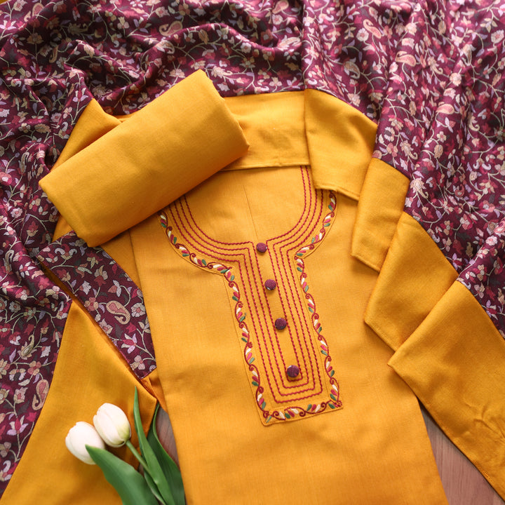 श्रीनारी Dijon Yellow Unique Thread and Button style Semi Pashmina Set