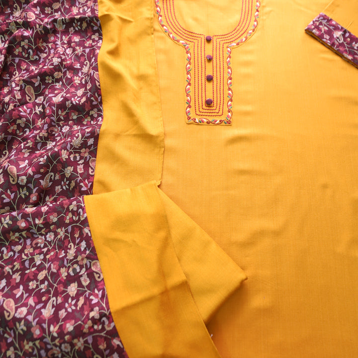 श्रीनारी Dijon Yellow Unique Thread and Button style Semi Pashmina Set