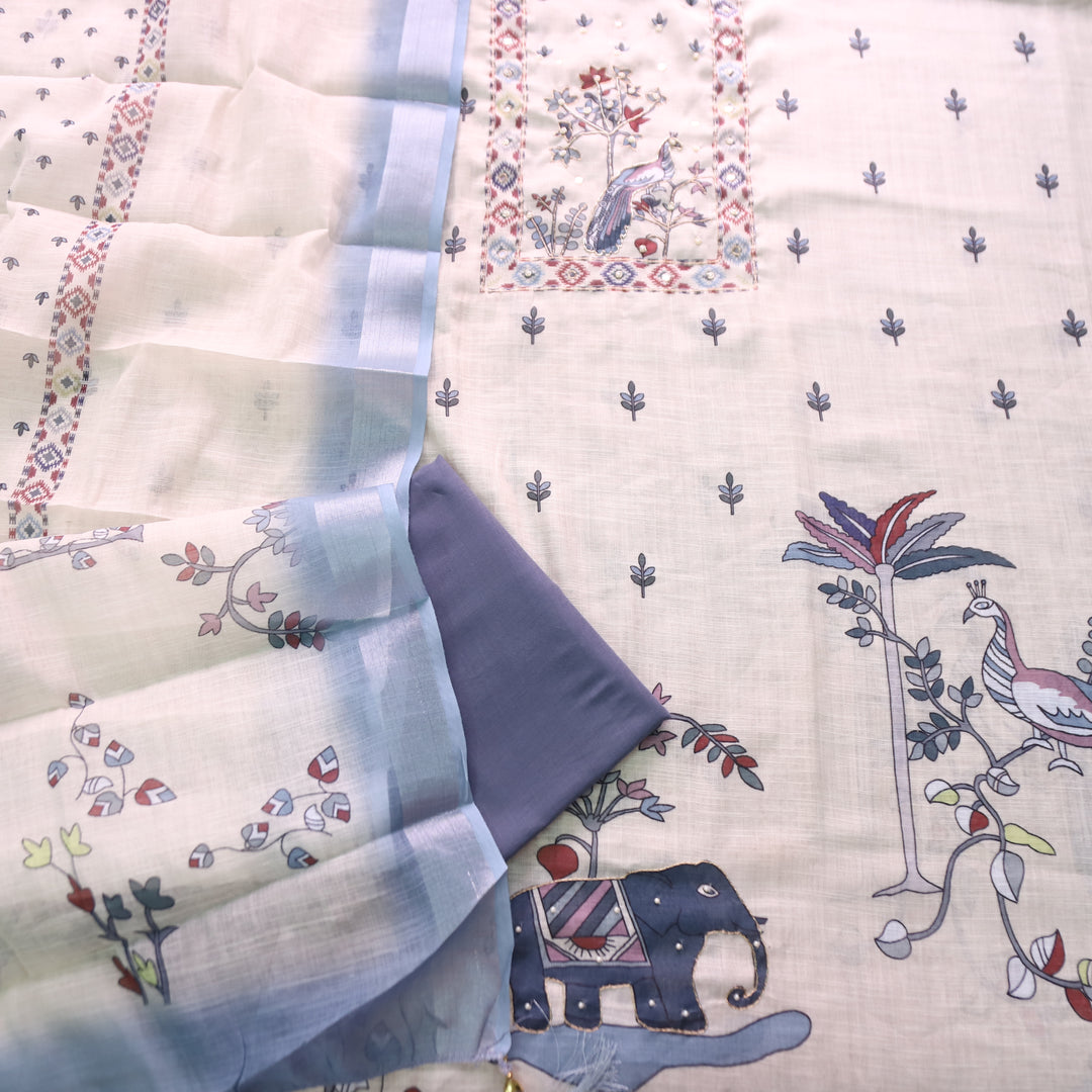 Vamika Cream White with Grey Peacoak Print with Spiral Work Cotton Linen Set