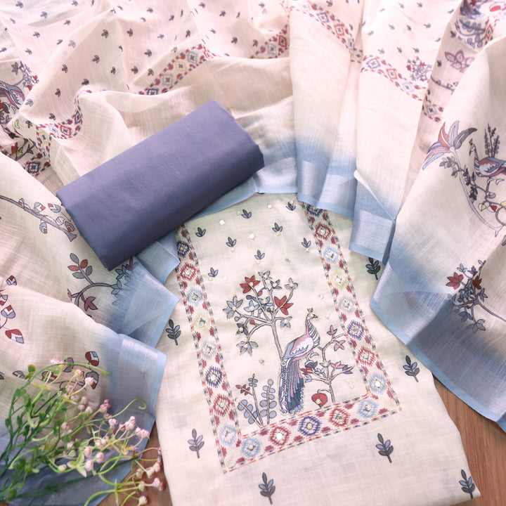 Vamika Cream White with Grey Peacoak Print with Spiral Work Cotton Linen Set