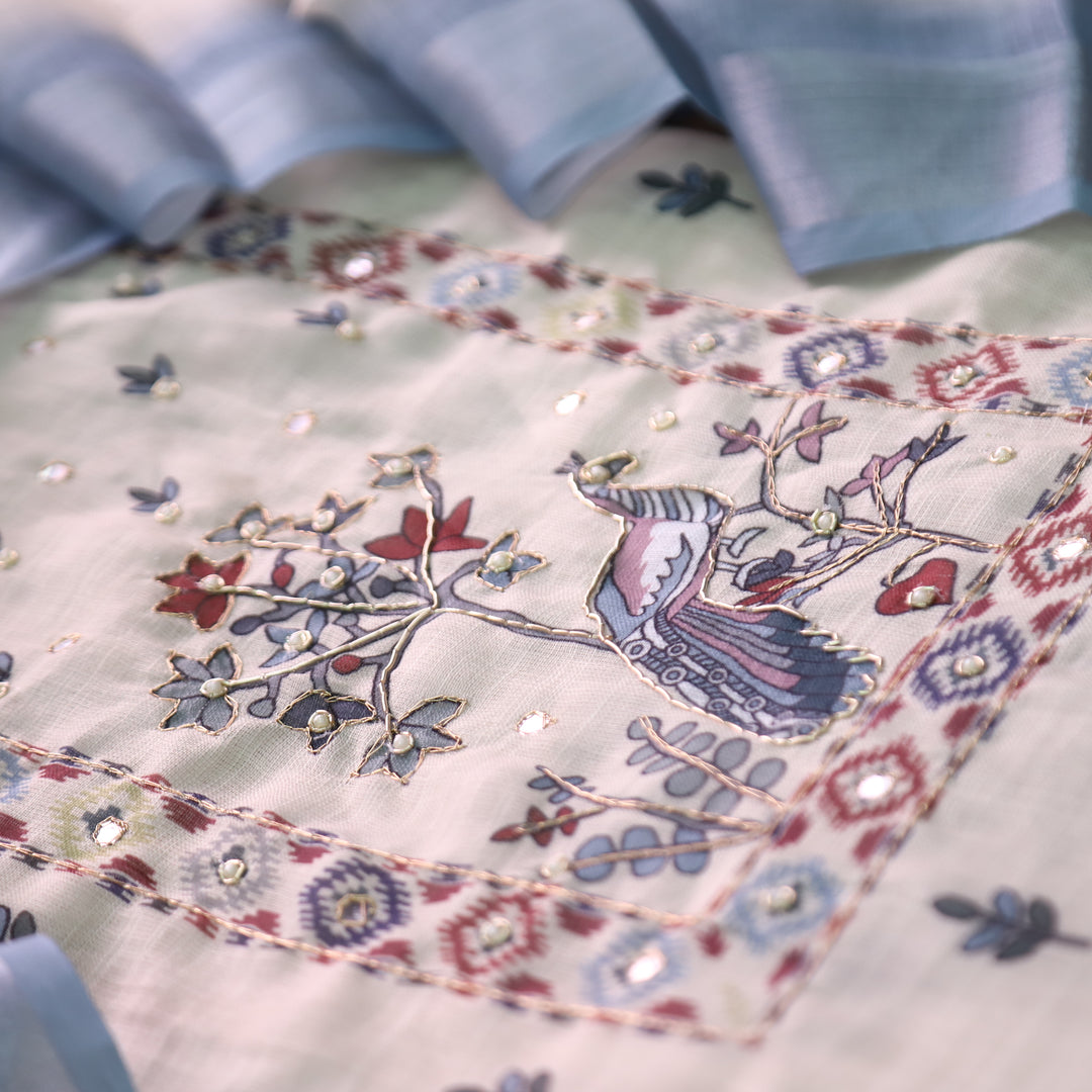 Vamika Cream White with Grey Peacoak Print with Spiral Work Cotton Linen Set