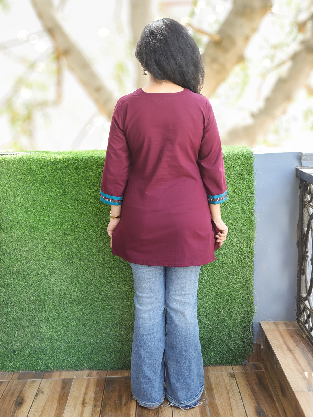 Shally Burgundy Wine V Neck Hand Work WIth Lace Patch Short Cotton Kurti