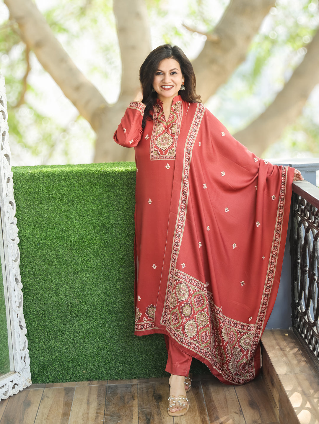 Trisha Rust Orange Ban Collar with Button Ajrak Print Semi Pashmina 3 Piece Set