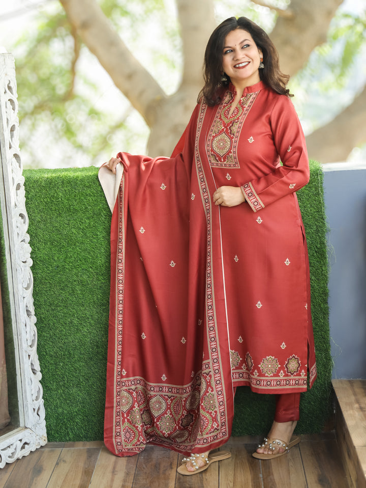 Trisha Rust Orange Ban Collar with Button Ajrak Print Semi Pashmina 3 Piece Set