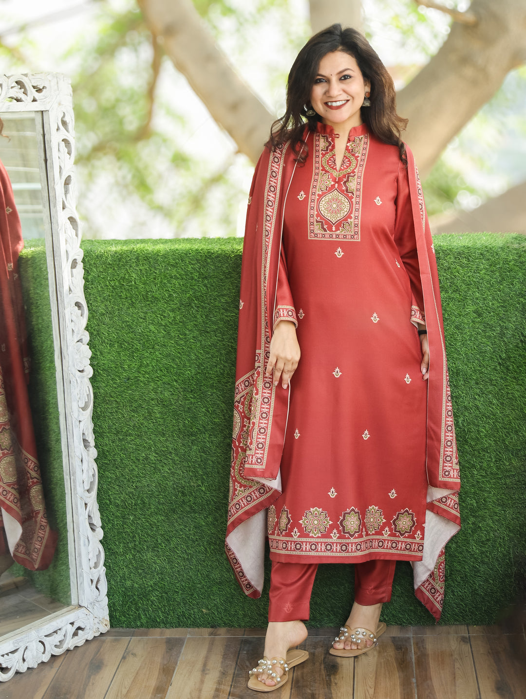 Trisha Rust Orange Ban Collar with Button Ajrak Print Semi Pashmina 3 Piece Set