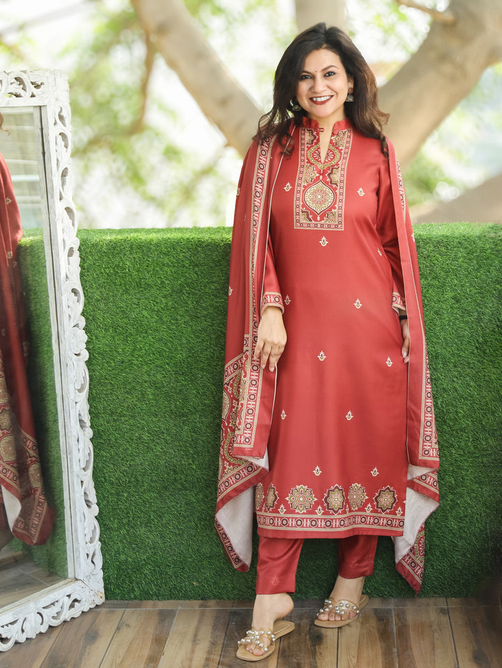 Trisha Rust Orange Ban Collar with Button Ajrak Print Semi Pashmina 3 Piece Set