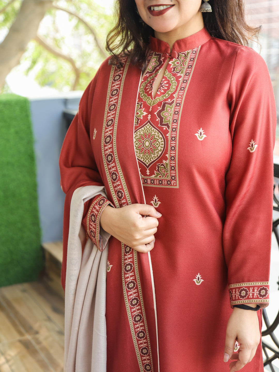 Trisha Rust Orange Ban Collar with Button Ajrak Print Semi Pashmina 3 Piece Set