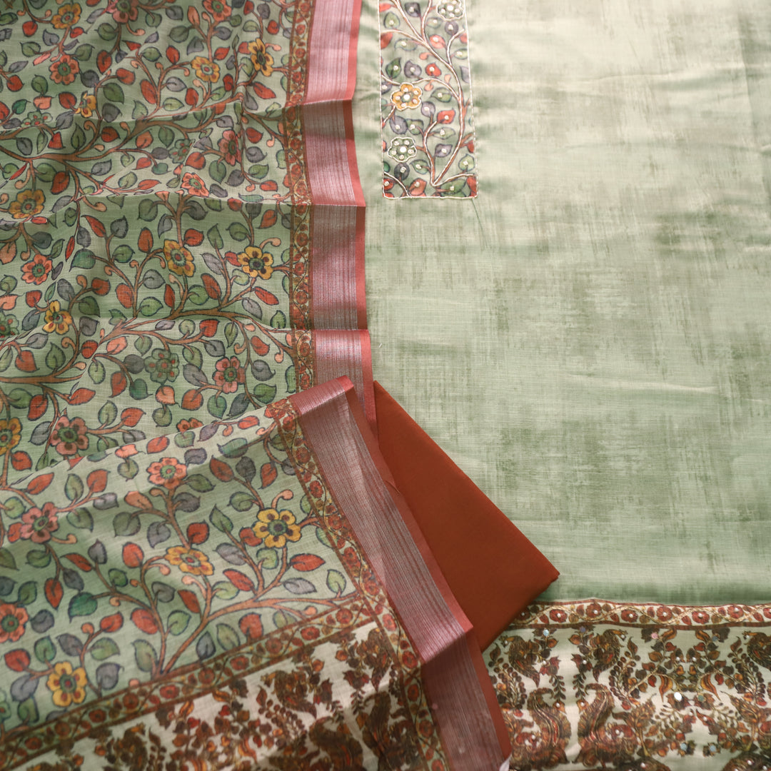 वामिका Light Mint Green Kalamkari Print with Spiral Work  Cotton Linen Suit Set