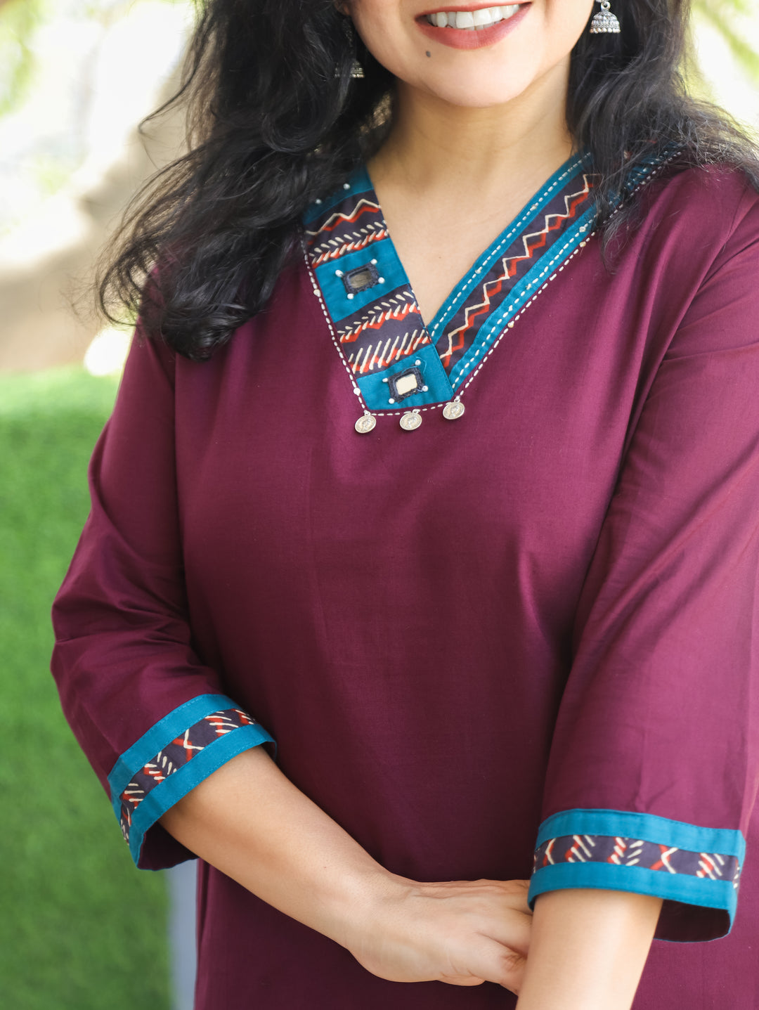 Shally Burgundy Wine V Neck Hand Work WIth Lace Patch Short Cotton Kurti