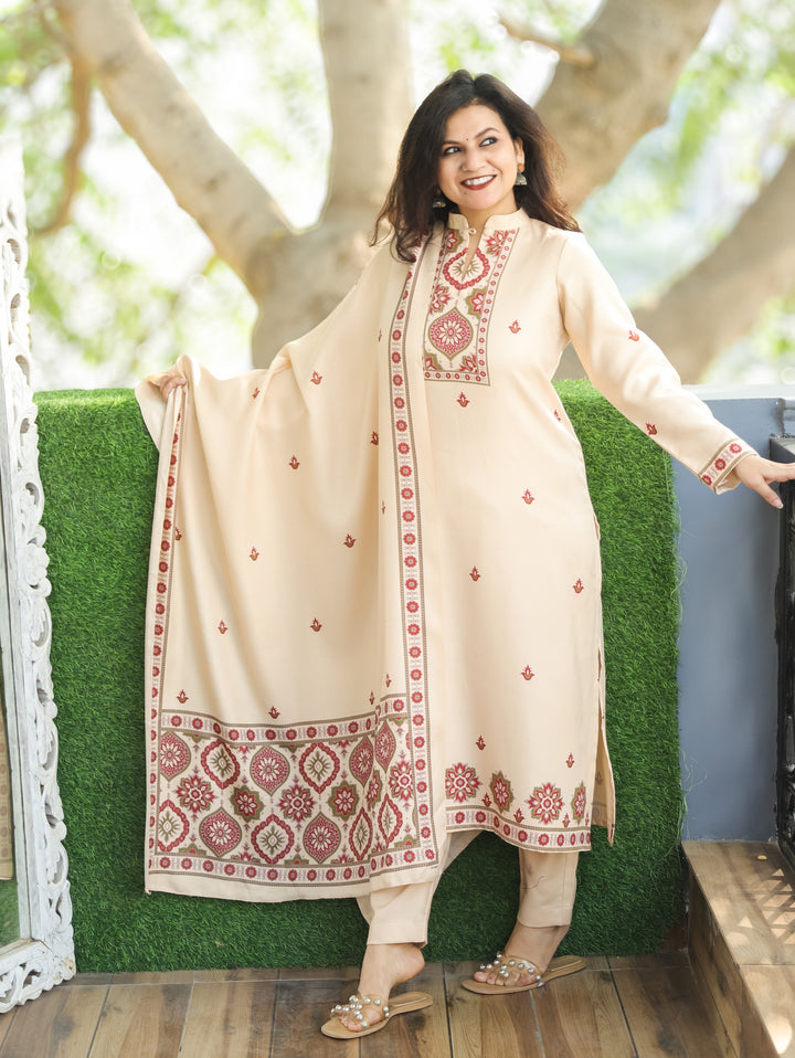 Trisha Cream Beige Ban Collar with Button Ajrak Print Semi Pashmina 3 Piece Set