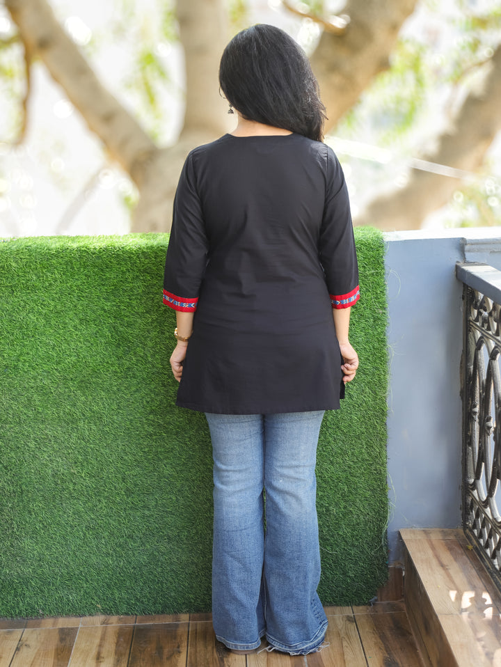 Shally Night Black V Neck Hand Work WIth Lace Patch Short Cotton Kurti