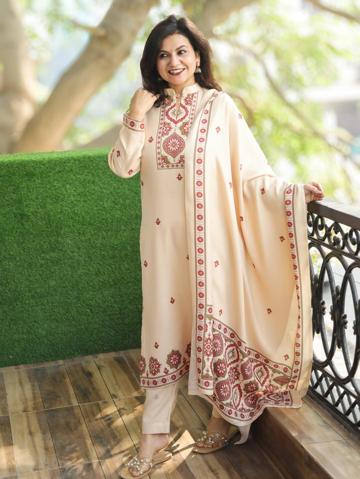 Trisha Cream Beige Ban Collar with Button Ajrak Print Semi Pashmina 3 Piece Set