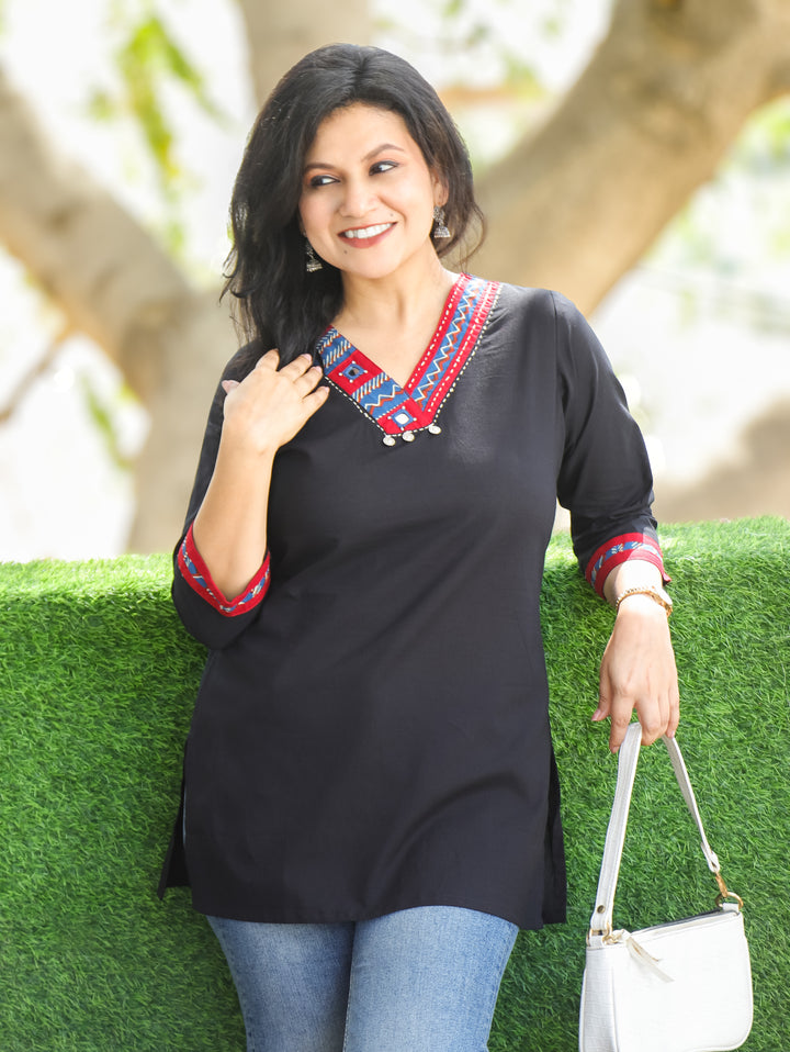 Shally Night Black V Neck Hand Work WIth Lace Patch Short Cotton Kurti