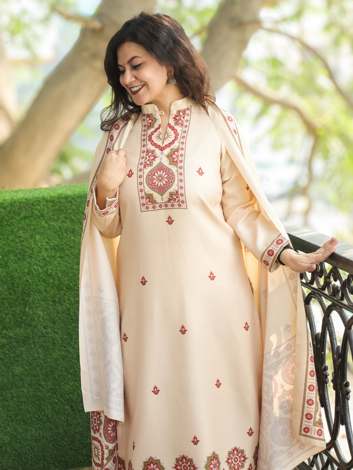 Trisha Cream Beige Ban Collar with Button Ajrak Print Semi Pashmina 3 Piece Set