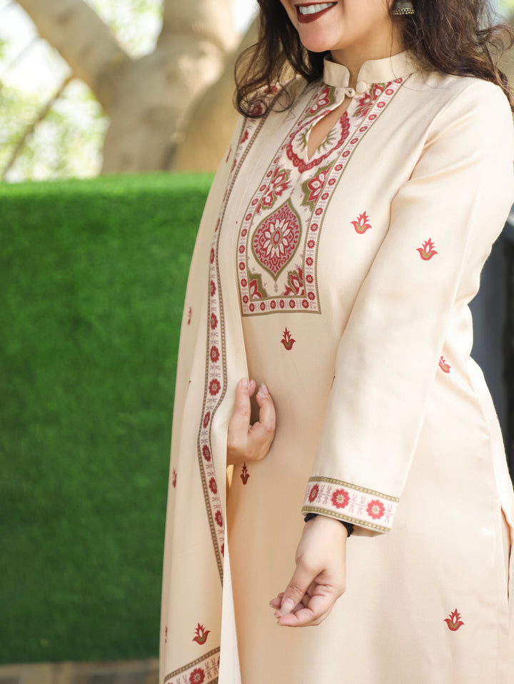 Trisha Cream Beige Ban Collar with Button Ajrak Print Semi Pashmina 3 Piece Set