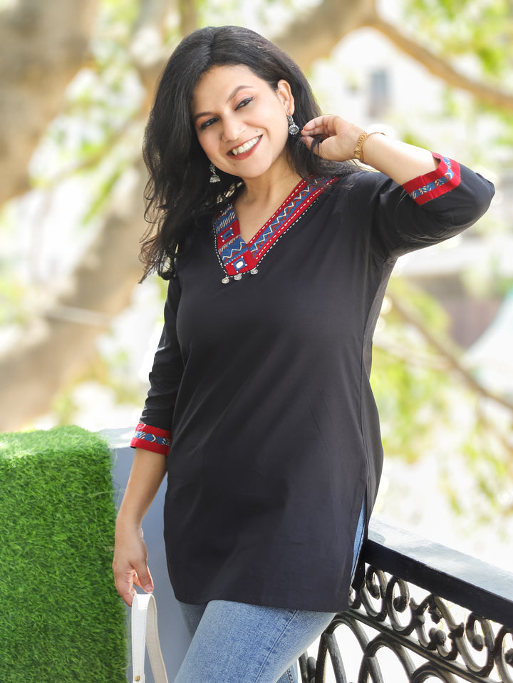 Shally Night Black V Neck Hand Work WIth Lace Patch Short Cotton Kurti