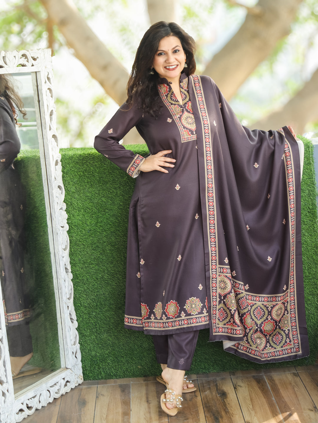 Trisha Charcoal Black Ban Collar with Button Ajrak Print Semi Pashmina 3 Piece Set