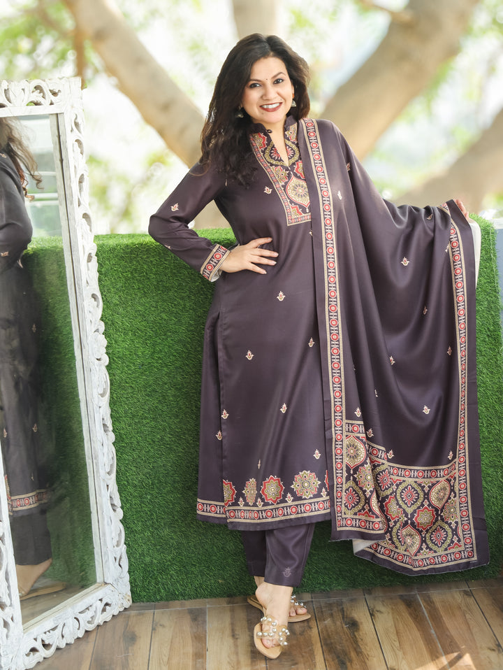 Trisha Charcoal Black Ban Collar with Button Ajrak Print Semi Pashmina 3 Piece Set