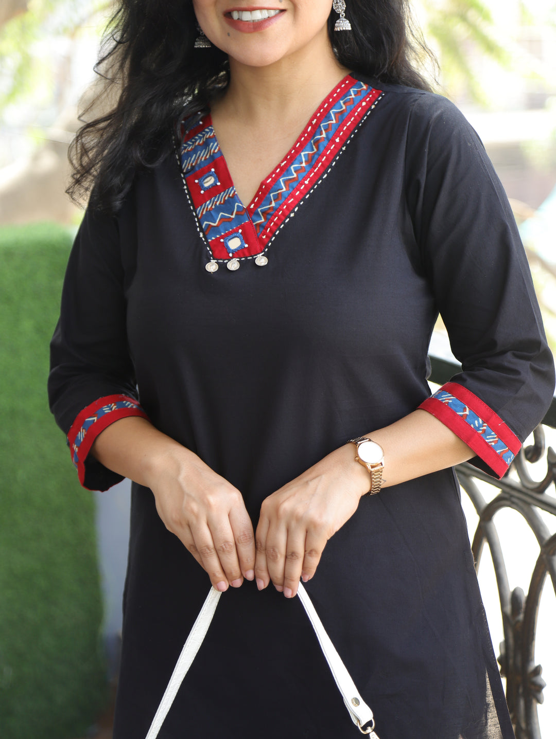 Shally Night Black V Neck Hand Work WIth Lace Patch Short Cotton Kurti