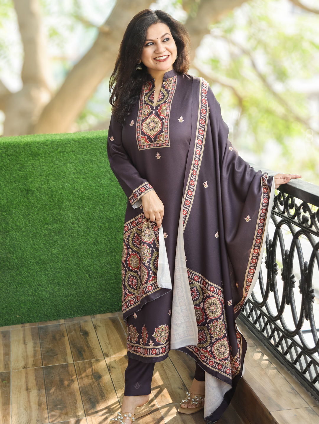 Trisha Charcoal Black Ban Collar with Button Ajrak Print Semi Pashmina 3 Piece Set