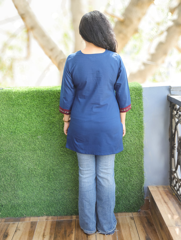 Shally Royal Blue V Neck Hand Work WIth Lace Patch Short Cotton Kurti