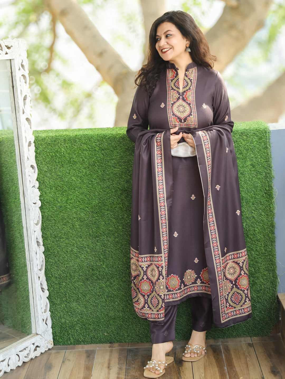 Trisha Charcoal Black Ban Collar with Button Ajrak Print Semi Pashmina 3 Piece Set