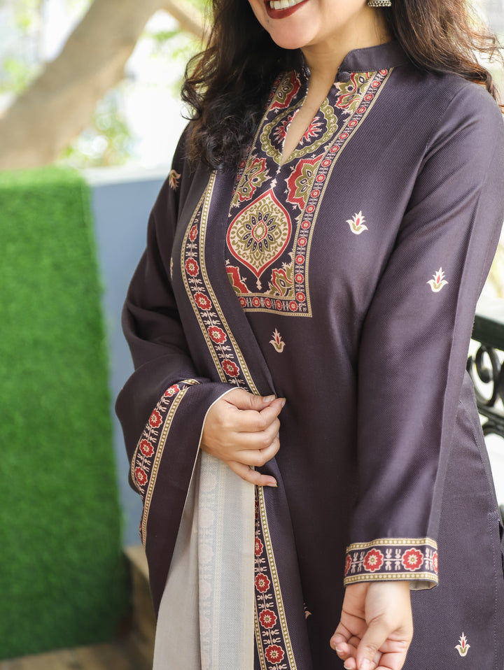 Trisha Charcoal Black Ban Collar with Button Ajrak Print Semi Pashmina 3 Piece Set