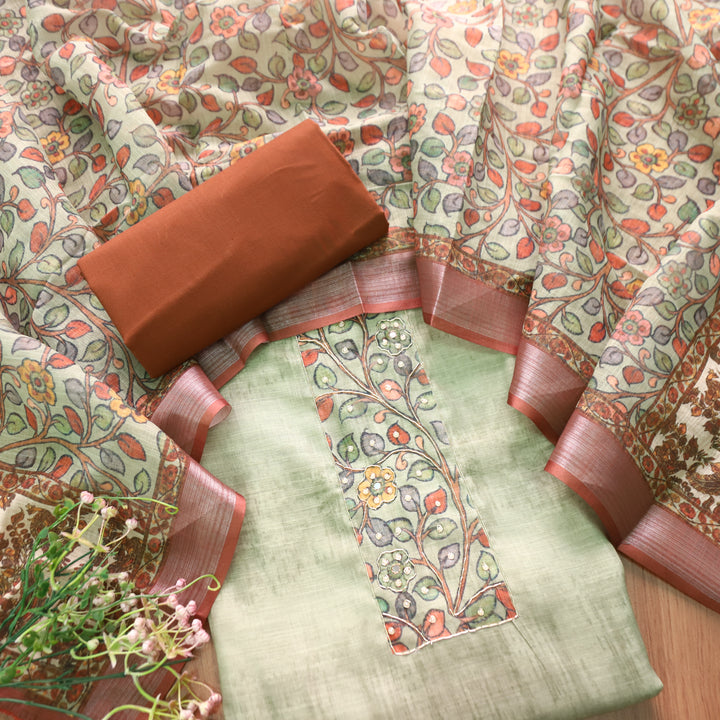 वामिका Light Mint Green Kalamkari Print with Spiral Work  Cotton Linen Suit Set